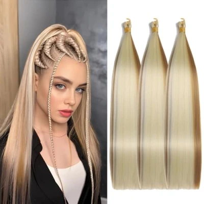 Afbeelding van Locescsoc Synthetische haarextensies, 61 cm, 3 verpakkingen, steil vlechten, Ariel haar, extensions, zijdezacht bundels voor vlechten (27/613, 613, 24 inch, stuks)