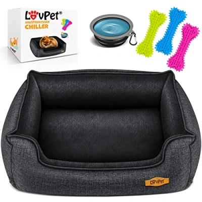 Afbeelding van LovPet® Hondenbed Hondenkussen Hondenmand Chiller, Incl. Kom + 3X Kauwbotten, Hondenbankkussen voor Kleine, Middelgrote &amp; Grote Honden, Hoes Afneembaar en Wasbaar XL (110 x 75 27 cm), Antraciet