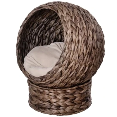 Afbeelding van PawHut Kattenmand rotan kattennest kattenbed met kussen huisdierbed bruin D30 104