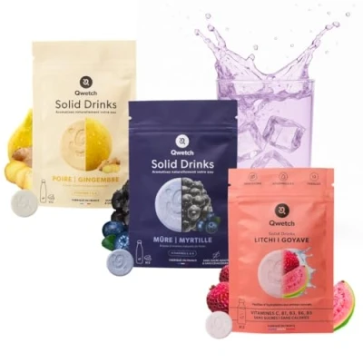 Afbeelding van Qwetch SOLID DRINKS 36 hydratatietabletten met vitamine C &amp; B drank zonder suiker smaken peer en gember, braam bosbessen, lychee guave veganistisch, geen calorieën, gemaakt in Frankrijk