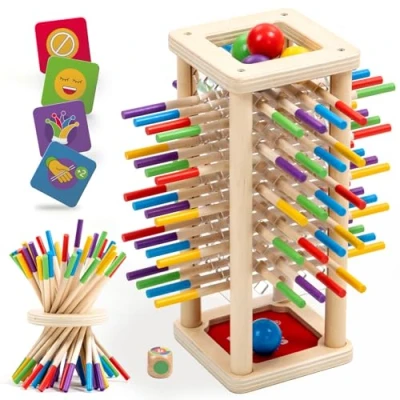 Afbeelding van Nene Toys BALLFALL, Montessori speelgoed voor kinderen van 3 jaar gezelschapsspel hout met kleurrijke stokjes, dobbelstenen en kaarten reisformaat
