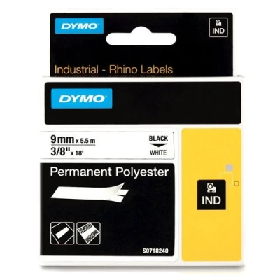 Image de DYMO Rhino Étiquettes Industrielles Autocollantes en Polyester, 9mm x 5.5m, Noir sur Blanc