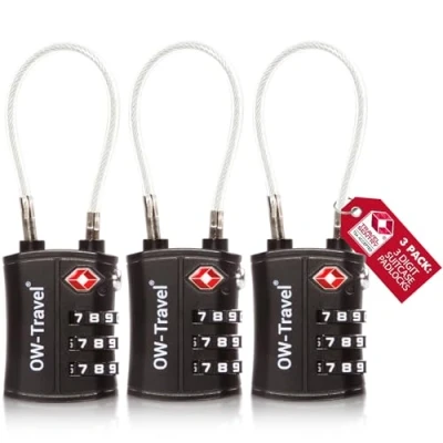 Afbeelding van OW Travel TSA kabelslot voor koffer. Hangslot 3 cijferige code diefstalbeveiliging bagage kluisje opslag tent camping combinatie USA. Accessoires reizen vliegtuig: kofferslot