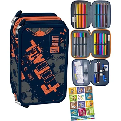 Afbeelding van Goldkids St. Right XXL Pennenetui 46 stuks 3 etages 19 x 13 7 cm met huiswerkboek voetbal meerkleurig etui, Meerkleurig,