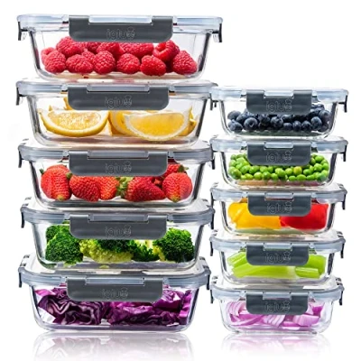 Afbeelding van Igluu Meal Prep Glazen voedselbewaardozen 10 stuks, maaltijdbereidingsdozen met klikslot lekvrije deksels, herbruikbare magnetronveilige BPA vrije lunchdozen (10 dozen en deksels) 1050 ml &amp; 370