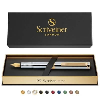 Afbeelding van Scriveiner Luxe EDC vulpen (medium), 24 karaat gouden afwerking, 18 Schmidt veer, converter, cadeauset schrijfpen voor mannen en vrouwen, kantoorvulpen