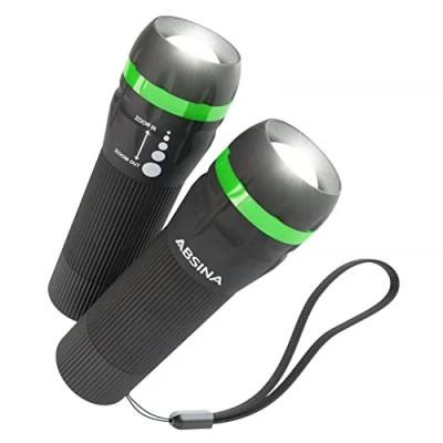 Afbeelding van ABSINA LED zaklamp kinderen klein &amp; helder 2 pack mini handlamp met 60 lumen 110 m lichtbereik handige lamp traploos te focussen incl. batterij voor jongens en meisjes