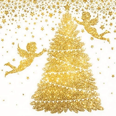 Afbeelding van Set van 20 gouden engel servetten aan de boom Voor winter en Kerstmis Tafeldecoratie Decoupage Servetechniek 33 x cm