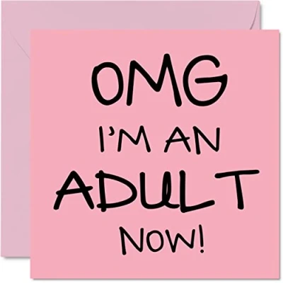 Afbeelding van stuff4 Grappige verjaardagskaart voor meisjes en haar 18 jaar OMG I&#039;m an Adult Now Teenager Eighteenth Happy Birthday Card zus, broer, dochter, zoon, neef, 145 mm x mm, roze