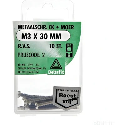 Afbeelding van Deltafix Metaalschroef R.V.S. CK + Moer M3 x 30 mm 10 stuks