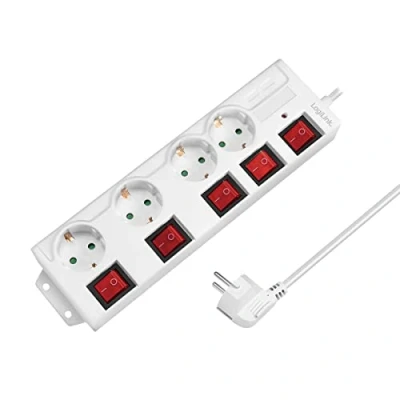 Afbeelding van LogiLink LPS252 4 voudige stekkerdoos (CEE 7/3) met 5 aan/uit schakelaars, overspanningsbeveiliging + geïntegreerde veiligheidssluiter (verhoogde aanraakbeveiliging)