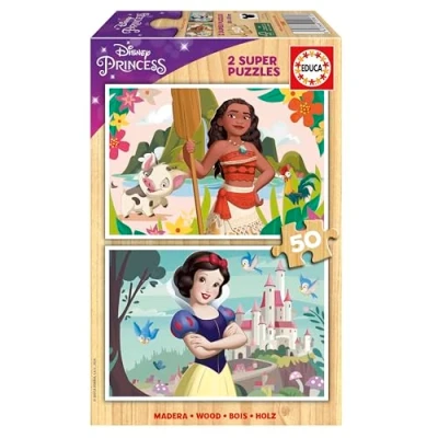 Afbeelding van Educa Disney Princess (Vaiana + Sneeuwwitje) Set van 2 houten puzzels voor kinderen met elk 50 stukjes. Afmetingen: 28 x 20 cm. Aanbevolen vanaf 5 jaar (19961)