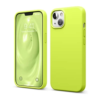 Afbeelding van elago Telefoonhoes van vloeibare siliconen, hoogwaardig, compatibel met iPhone 13 (6,1 inch), rondom bescherming, schokbestendige, 3 laagse hoes, zachte microvezel, voorkomt krassen (neongeel)