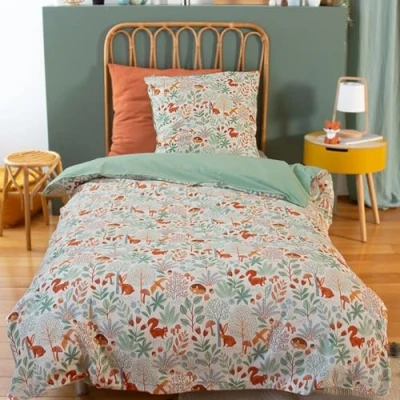 Afbeelding van CÔTE DECO Bedrukt beddengoed 140 x 200 cm voor kinderen, dekbedovertrek + 1 kussensloop 63 cm, bosdieren, groen, bruin en oranje, dekbedovertrekset van katoen
