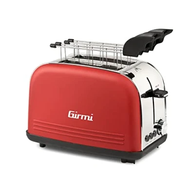 Afbeelding van Girmi TP57 Broodrooster, 800 W, behuizing en tangen van roestvrij staal, grote scheuren, timer, 8 kookstanden, automatische uitschakeling, kruimelopvang, rood