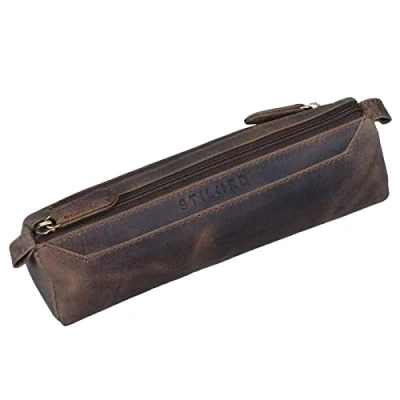Afbeelding van STILORD &#039;Jim&#039; Vintage lederen pennenetui etui voor potloden pennenhouder mannen en vrouwen school kantoor, Donkerbruin, Retro