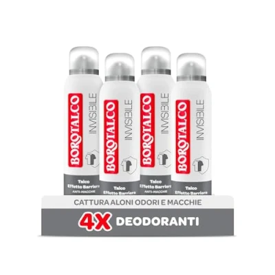 Afbeelding van Borotalco, Onzichtbare deodorantspray, grijs, met talkbarrièreeffect, vangt geen halo&#039;s, 48 uur efficiëntie, zonder alcohol, klassieke geur 4 stuks à 150 ml exclusief Amazon