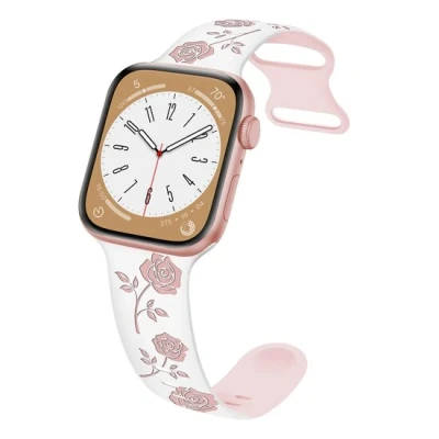 Afbeelding van Apple Watch Siliconen bandje met rozen Wit / roze Geschikt voor 38mm 40mm 41mm