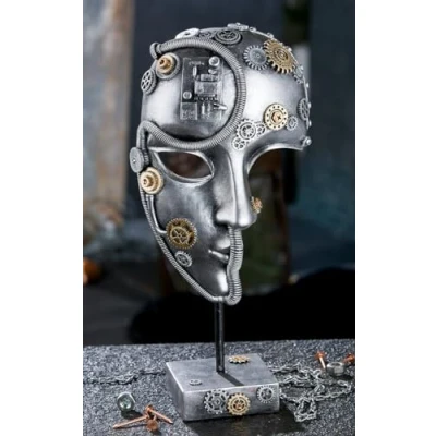 Afbeelding van Casablanca Steampunk gezichtsmasker van hars, zilverkleurig, woonkamerdecoratie, hoogte 35,5 cm