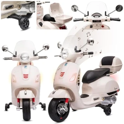 Afbeelding van Vespa Elektrische motorfiets voor kinderen met wielen en kunststof zitting, kofferbak, MP3 speler, AUX aansluiting MicroSD USD (wit)