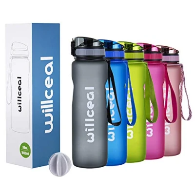 Afbeelding van Sportwaterfles, BPA vrij, 1 l, lekvrije plastic waterfles voor sport, fietsen, wandelen, yoga, sportschool en meer (grijs, 1000 ml)