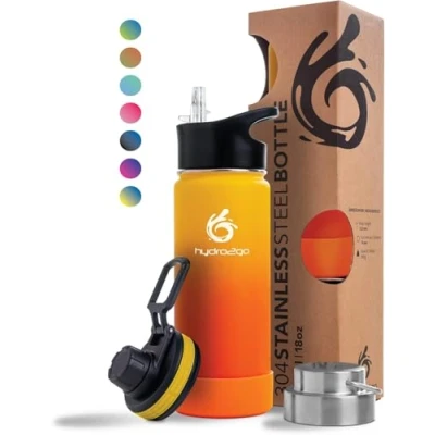Afbeelding van Hydro2go® Roestvrijstalen jerrycan, 500 ml/0,5 liter, voor kinderen, school, sport, fitness en outdoor, BPA vrije thermosfles van roestvrijstaal, 3 doppen.