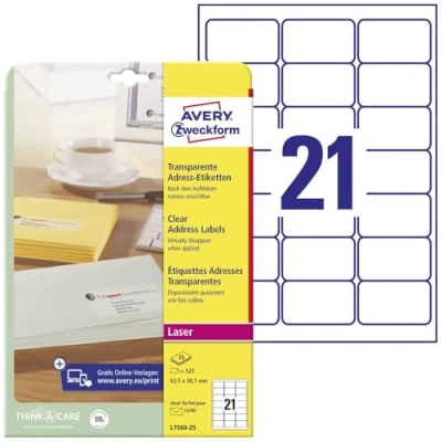 Afbeelding van Avery L7560 25 Adresetiketten Ft 63,5 X 38,1 Mm (b H), 525 Etiketten, Transparant Etiket