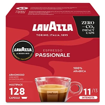 Image de Lavazza, A Modo Mio Passionale, 128 Capsules de café, pour un Espresso avec Notes Caramel et Chocolat, 100% Arabica, Intensité 11/13, Torréfaction foncée, 8 Paquets x 16