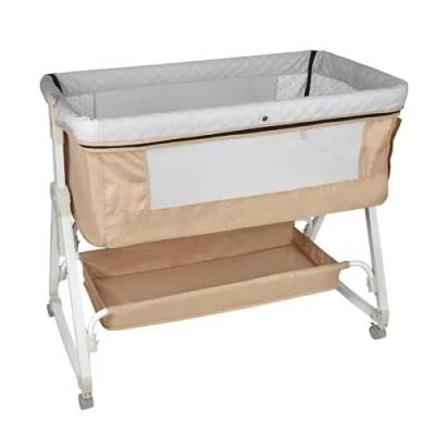 Afbeelding van 3 in 1 bijzetbed, reisbed, draagbaar babybed met wieltjes, babywieg 6 verstelbare hoogteniveaus, 92 x 52 106 118 cm (6 verstelstanden), gebroken wit