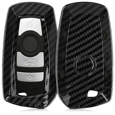 Afbeelding van kwmobile autosleutelhoes geschikt voor BMW 3 knops draadloze autosleutel (alleen Keyless Go) hardcover beschermhoes Carbon design zwart