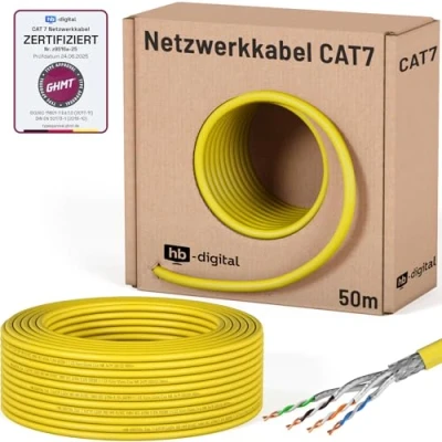 Afbeelding van Hb digital 50 m CAT.7 Netwerkkabel, LAN kabel, installatiekabel, AWG, 23 puur koper S/FTP PiMF LSZH, halogeenvrij, RoHS compliant, Ethernet datakabel, PoE, 10Gbit/s, GHMT gecertificeerd, geel