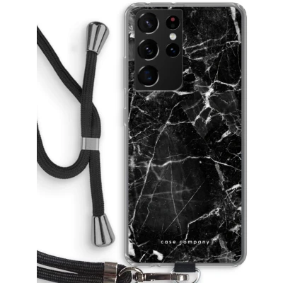 Afbeelding van Case Company® hoesje met Koord geschikt voor Samsung Galaxy S21 Ultra Zwart Marmer Telefoonhoesje Bescherming aan alle Kanten en Over de Schermrand