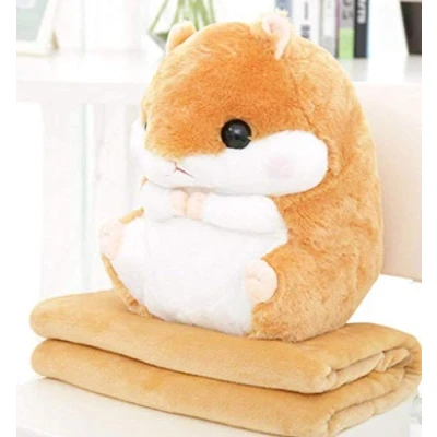 Afbeelding van YunNasi 2 in 1 mooi en schattig pluche dier, hamsterkussen met fleece deken, super grappig cadeau voor kinderen vriendin, 50 cm x 30 (lichtbruin)