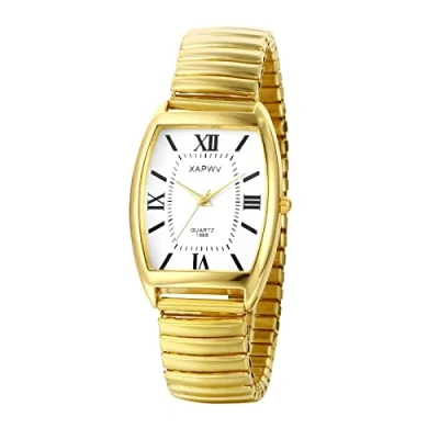 Afbeelding van JewelryWe Vrouwen Ultra Slim Easy Reader Horloge met Elastische Armband, Goud/Zilver Horloge, Herenhorloge 4 Romeinse cijfers goud, Armband