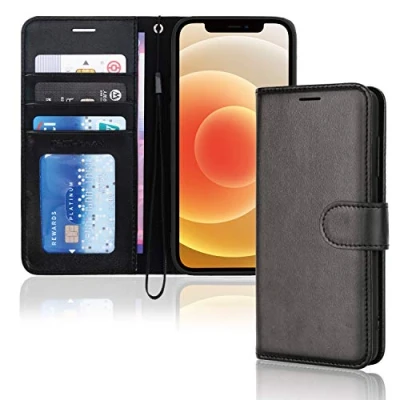 Afbeelding van TECHGEAR Leren portemonneehoesje voor iPhone 12 Mini met kaarthouder, standaard en polsband, zwart kunstleer magnetische sluiting, ontworpen 5,4 inch