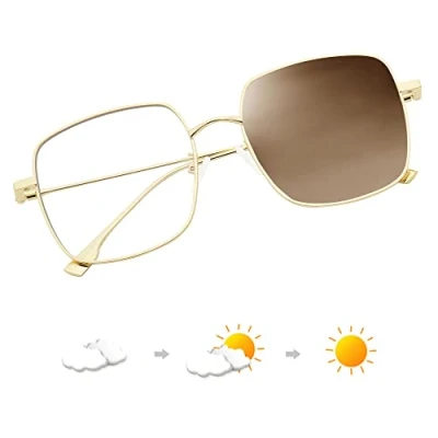 Afbeelding van JM Optische Bril Metalen Mode Oversized Vierkant frame Anti Blauw Licht Oogbescherming Vrouwen, Gouden / fotochroom (transparant tot bruin)