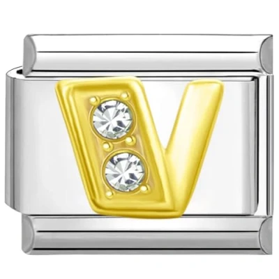 Afbeelding van Quiges Schakel Bedel 9mm charms Goud Zirkonia alfabet letter V Geschikt voor Nomination armband Schakelarmband italy bedels