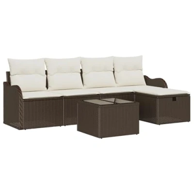 Afbeelding van vidaXL 6 delige Tuin Sofaset met Kussens Bruin Poly Rattan, 2 zitter Sofa Opbergruimte &amp; Rattan