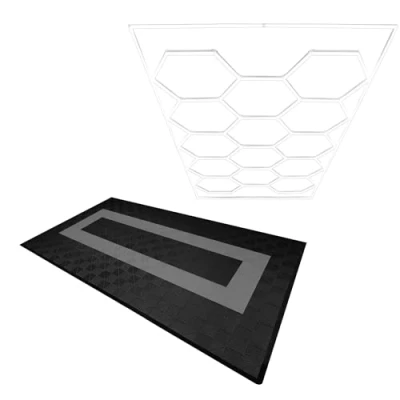Afbeelding van Modulaire Geventileerde Vloer 90 Zwarte &amp; 30 Grijze Tegels Met Randen Hexagon LED Verlichting 14 Witte Lampen 6500K 3 Montageopties Inclusief Ophangset, Garagevloer 3,2m x 6m