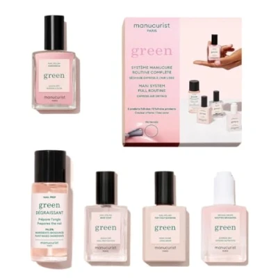 Afbeelding van Manucurist Système Green™ Rose (Hortencia) Kit Manucure Professionnel Vegan Biosourcé : 1 Dégraissant, Base Coat, Vernis à Ongles Hortencia, Top Gouttes Séchantes Coffret Cadeau Femme