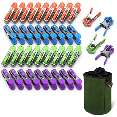 Afbeelding van vounot wasknijpers van roestvrij staal, 40 stuks, met opbergtas, haken tegen roest, bescherming vingerafdrukken, windbescherming, 3 x meer hangers verkrijgbaar in 4 kleuren