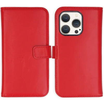 Afbeelding van Selencia Hoesje Geschikt voor iPhone 15 Pro Met Pasjeshouder Echt Lederen Bookcase Rood