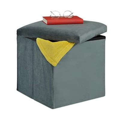 Afbeelding van Relaxdays poef met opbergruimte opvouwbare hocker fluweel opbergpoef stof voetenbank donkergrijs