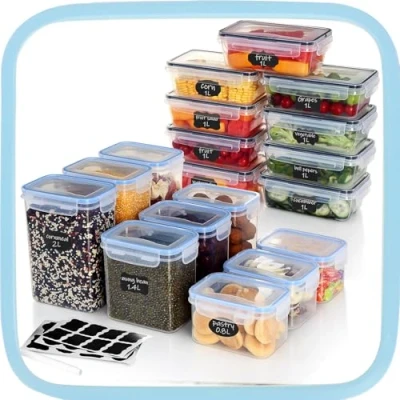 Afbeelding van Ordeluxe Set van 18 luchtdichte plastic opbergdozen voor meel, ontbijtgranen, 9 x 1 l + 3 (2 1,4 0,8 l)
