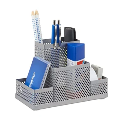 Afbeelding van Relaxdays pennenbak metaal bureau organizer pennenhouder geperforeerd 4 vakken zilver
