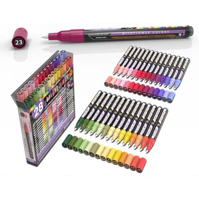 Afbeelding van Set van 28 acrylverfstiften met extra fijne punt 0,7 mm, voor het schilderen op steen, glas, hout, metaal, canvas, kleuren: wilde bloemen, niet giftig, waterbasis, sneldrogend.