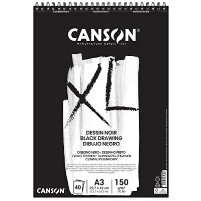 Image de Canson skizzen und studienblock xl black, din a3, schwarz 40 blatt, 150 g qm, 297 x 420 mm, block mit kopfspirale, mikroper