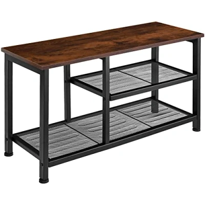 Afbeelding van tectake® Smal schoenenrek met zitje 3 niveaus van 1 en 2 roosterplanken Schoenenbank hout metaal Industrieel design Zwart metalen frame Afmeting (LxBxH) 80 x 30 45,5 cm Donkerbruin