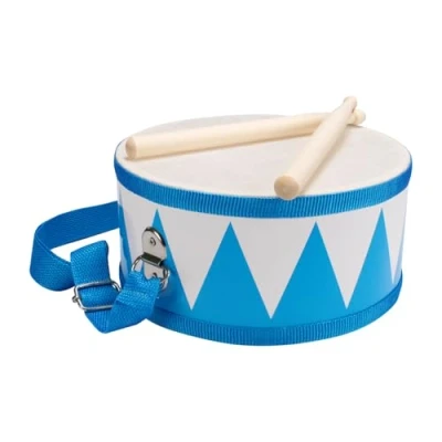 Afbeelding van Blauwe en witte houten kindertrommel met riem stokjes D: 20 cm 3845