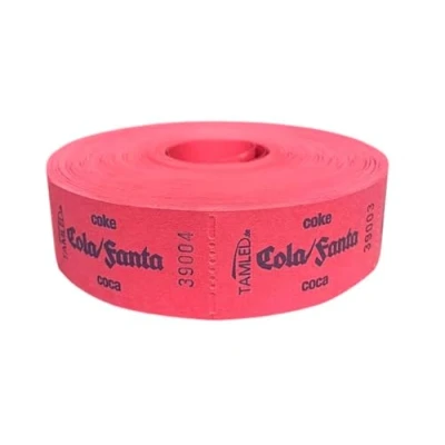 Afbeelding van TAMLED Cola / Fanta ticketrol, drietalig, rood, 1 rol met 1000 geperforeerde sloop, traploos genummerd, voor catering, festival, dranken, evenementen, bedrijfsevenementen, feestjes